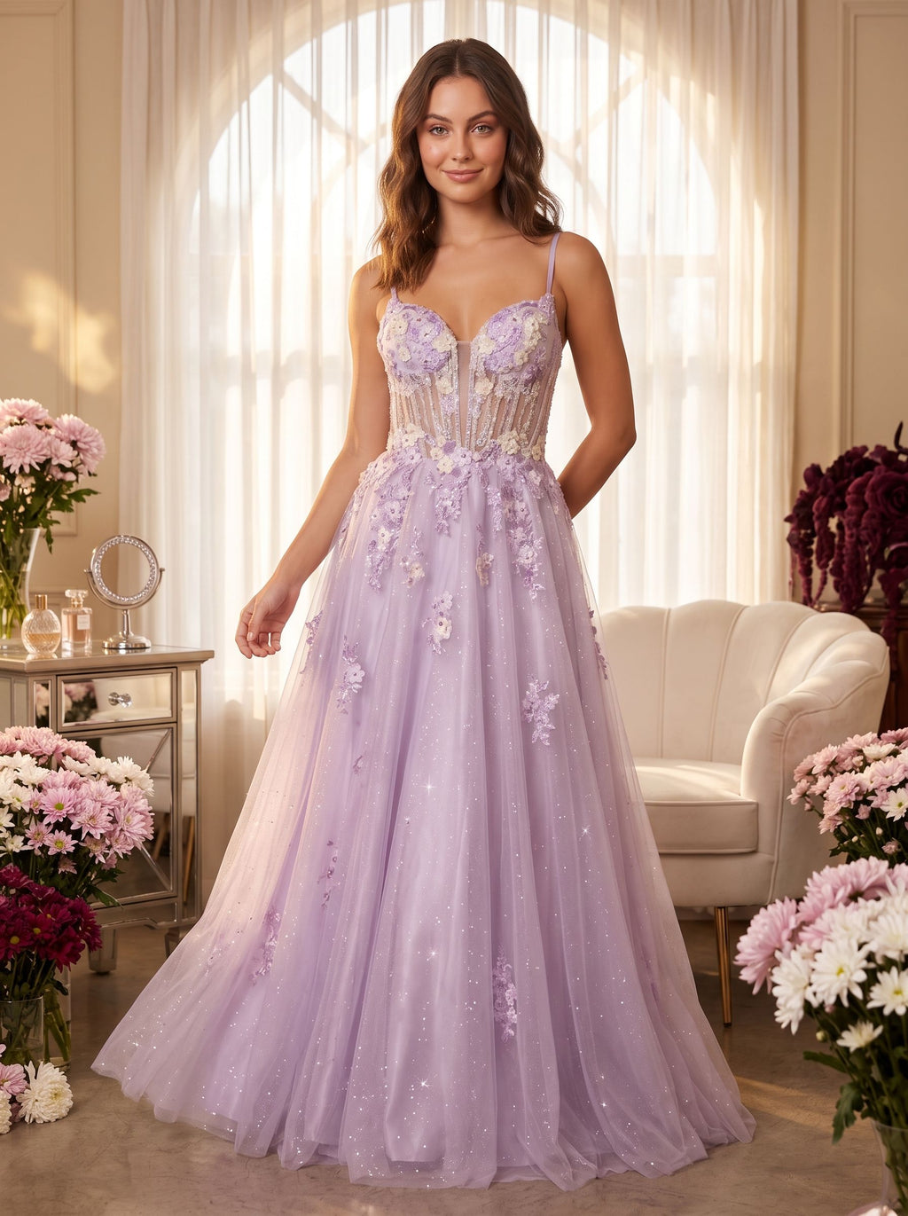 Lilac Tulle A-Line Sweetheart Criss-Cross Straps Floor-Length Dress with Beaded Florals - Curvevia