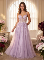 Lilac Tulle A-Line Sweetheart Criss-Cross Straps Floor-Length Dress with Beaded Florals - Curvevia