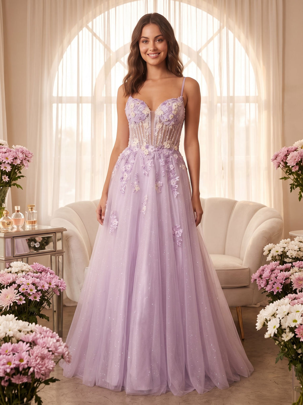 Lilac Tulle A-Line Sweetheart Criss-Cross Straps Floor-Length Dress with Beaded Florals - Curvevia
