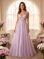 Lilac Tulle A-Line Sweetheart Criss-Cross Straps Floor-Length Dress with Beaded Florals - Curvevia