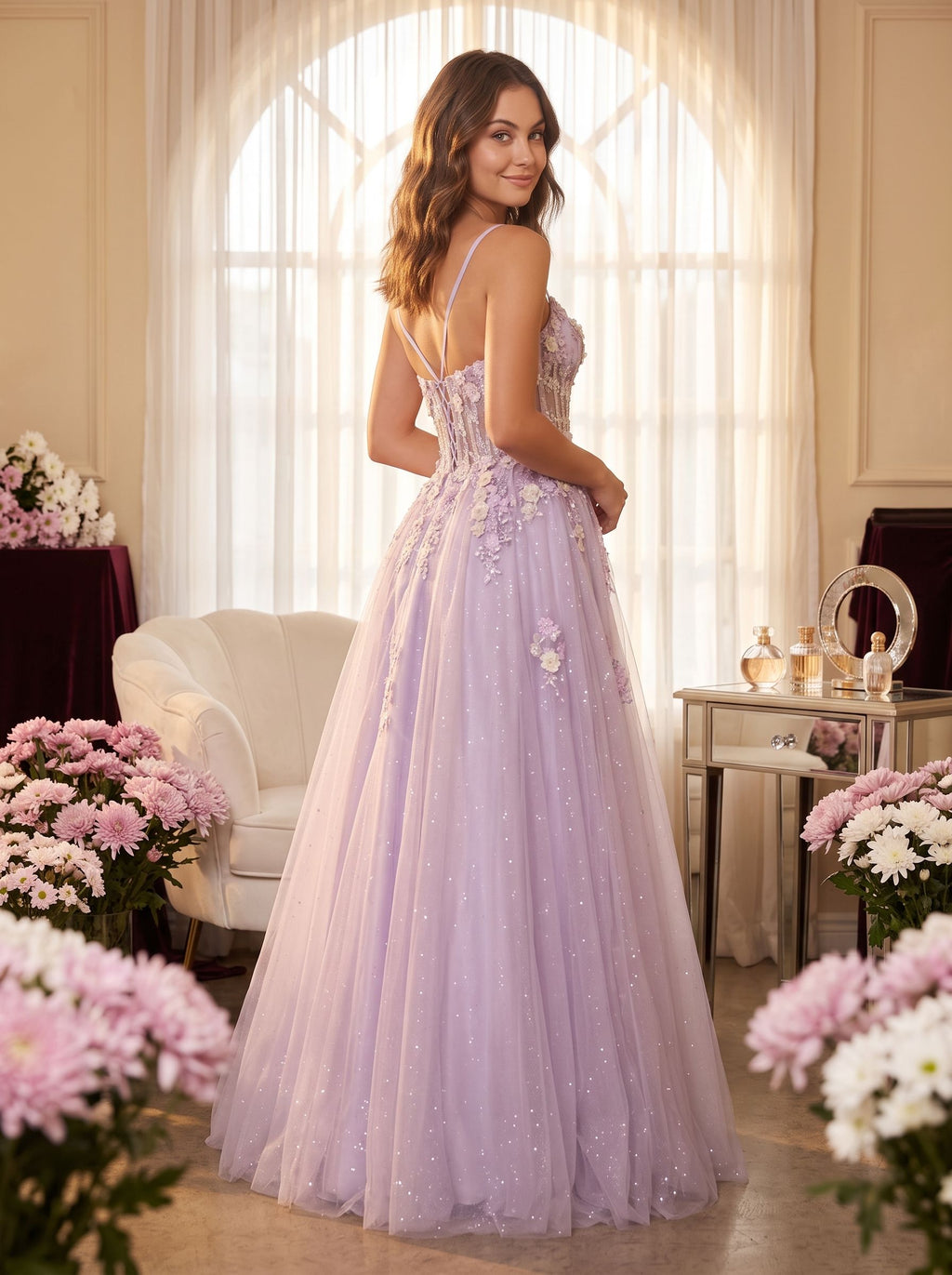 Lilac Tulle A-Line Sweetheart Criss-Cross Straps Floor-Length Dress with Beaded Florals - Curvevia