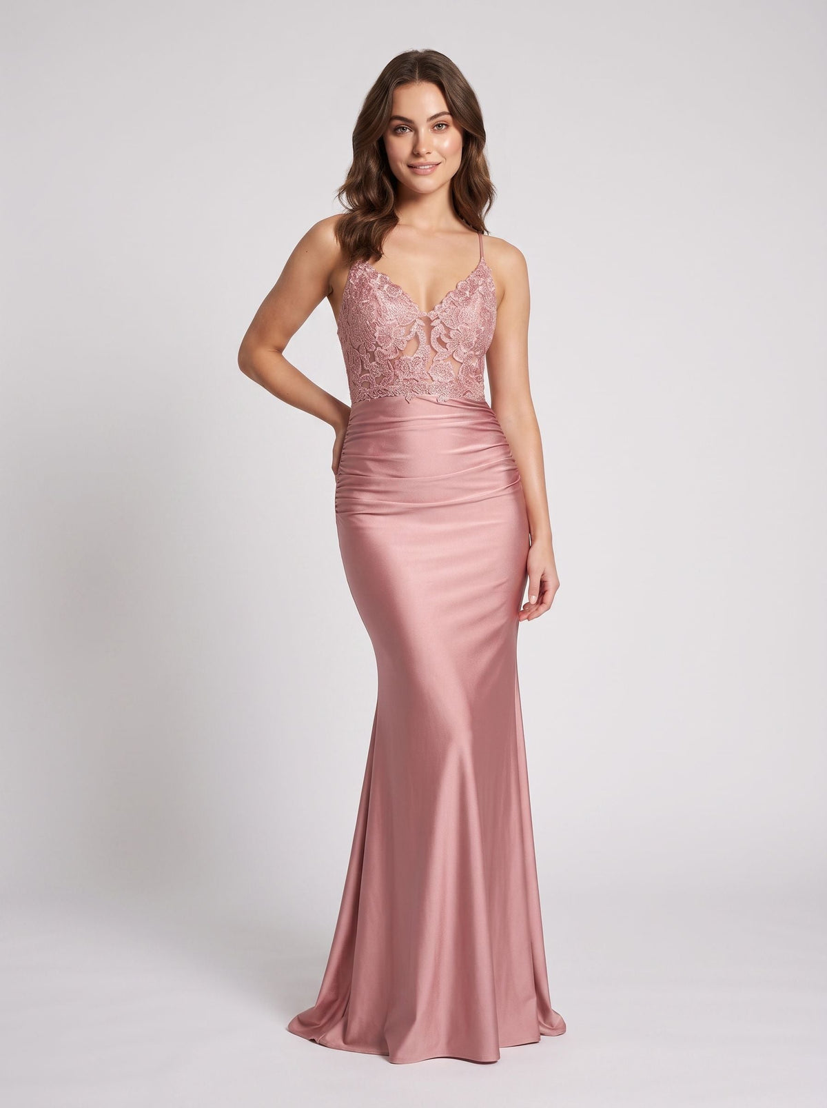 Rose Gold Satin Sheath V-Neck Lace-up Floor-Length Dress with Sheer Lace Bodice and Ruched Skirt - Curvevia