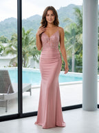 Rose Gold Satin Sheath V-Neck Lace-up Floor-Length Dress with Sheer Lace Bodice and Ruched Skirt - Curvevia