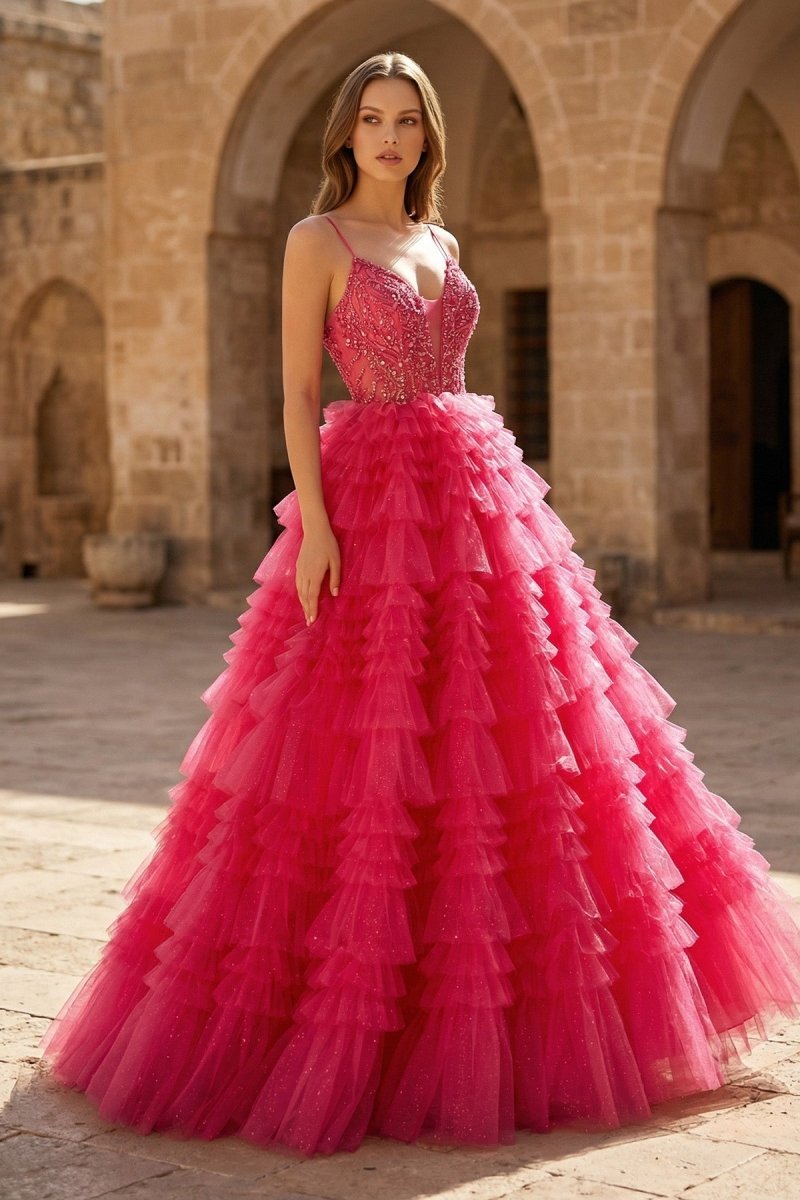 Lace Applique Tiered Ruffles Tulle Long Wedding Guest Dress - Curvevia
