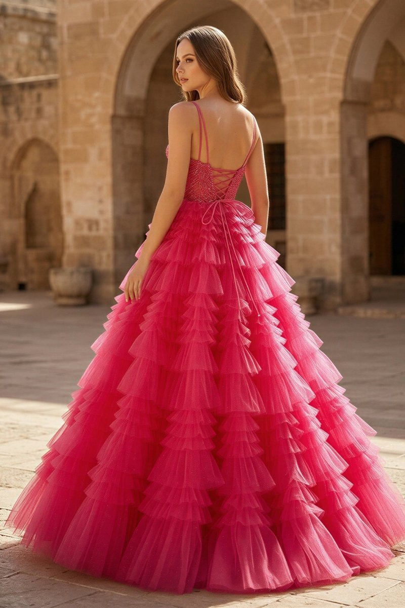 Lace Applique Tiered Ruffles Tulle Long Wedding Guest Dress - Curvevia