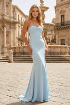 Sky Blue Mermaid Sweetheart Spandex Long Prom Dresses with Pleates - Curvevia