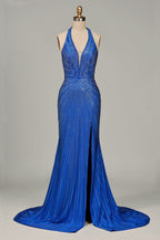 Royal Blue Halter Satin Beaded Mermaid Backless Formal Prom Dresses With Slit - Curvevia