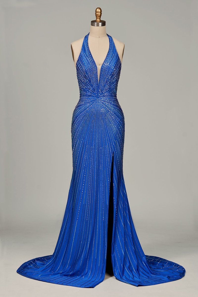 Royal Blue Halter Satin Beaded Mermaid Backless Formal Prom Dresses With Slit - Curvevia