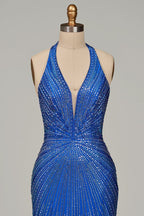 Royal Blue Halter Satin Beaded Mermaid Backless Formal Prom Dresses With Slit - Curvevia