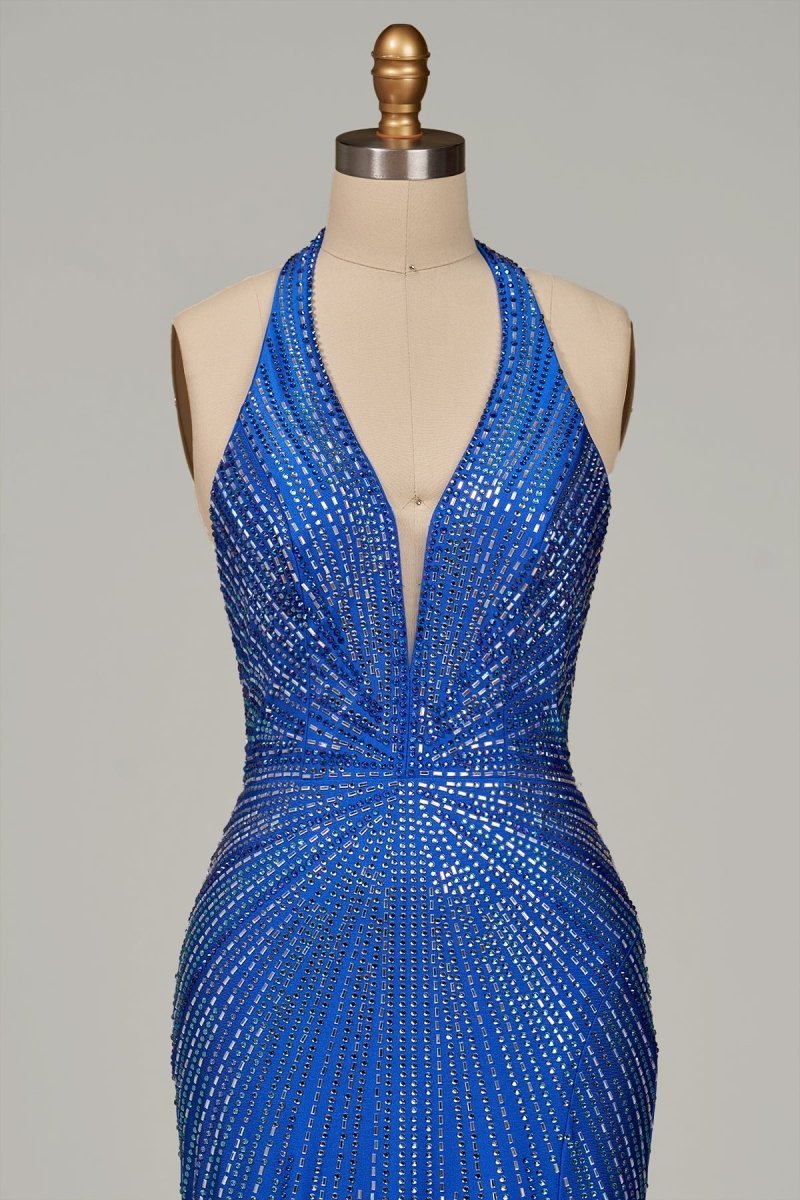 Royal Blue Halter Satin Beaded Mermaid Backless Formal Prom Dresses With Slit - Curvevia