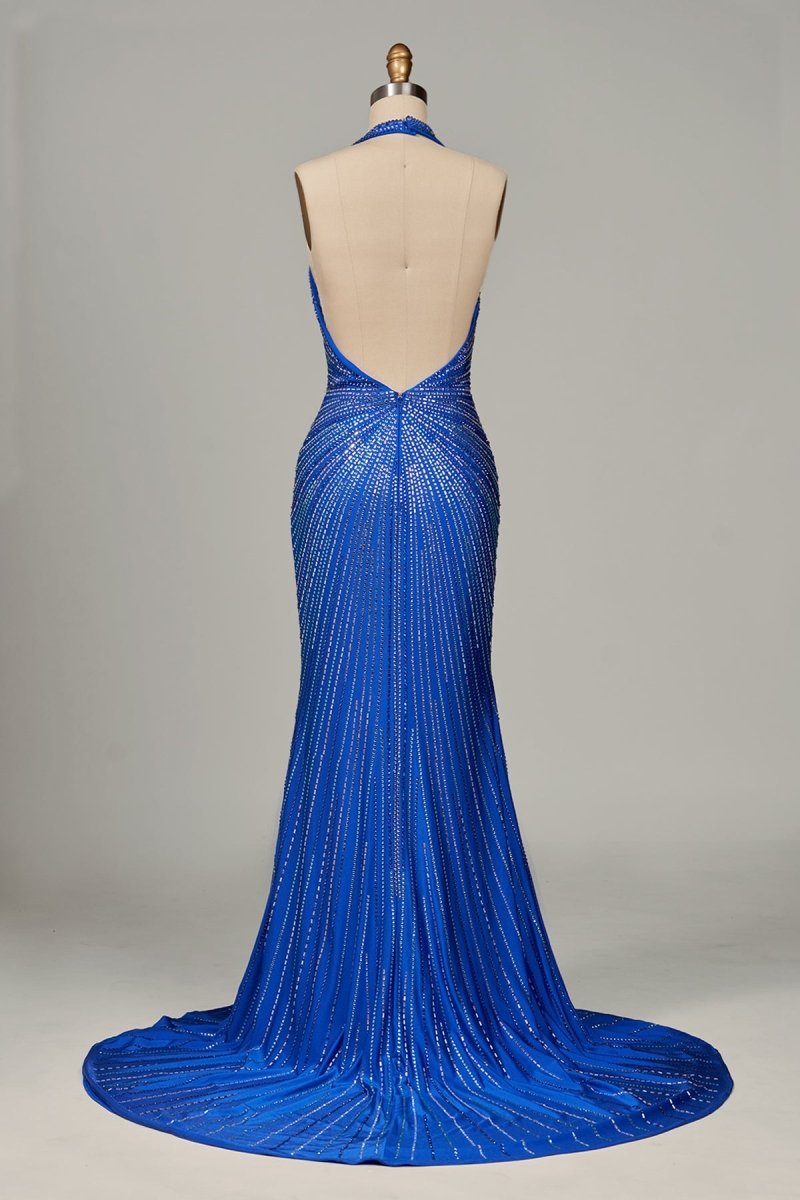 Royal Blue Halter Satin Beaded Mermaid Backless Formal Prom Dresses With Slit - Curvevia