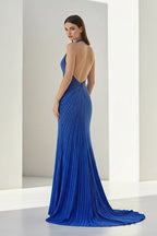 Royal Blue Halter Satin Beaded Mermaid Backless Formal Prom Dresses With Slit - Curvevia