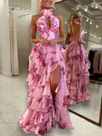 Pink A Line Hatler Floral Chiffon Tiered Long Mother of the Bride Dress - Curvevia