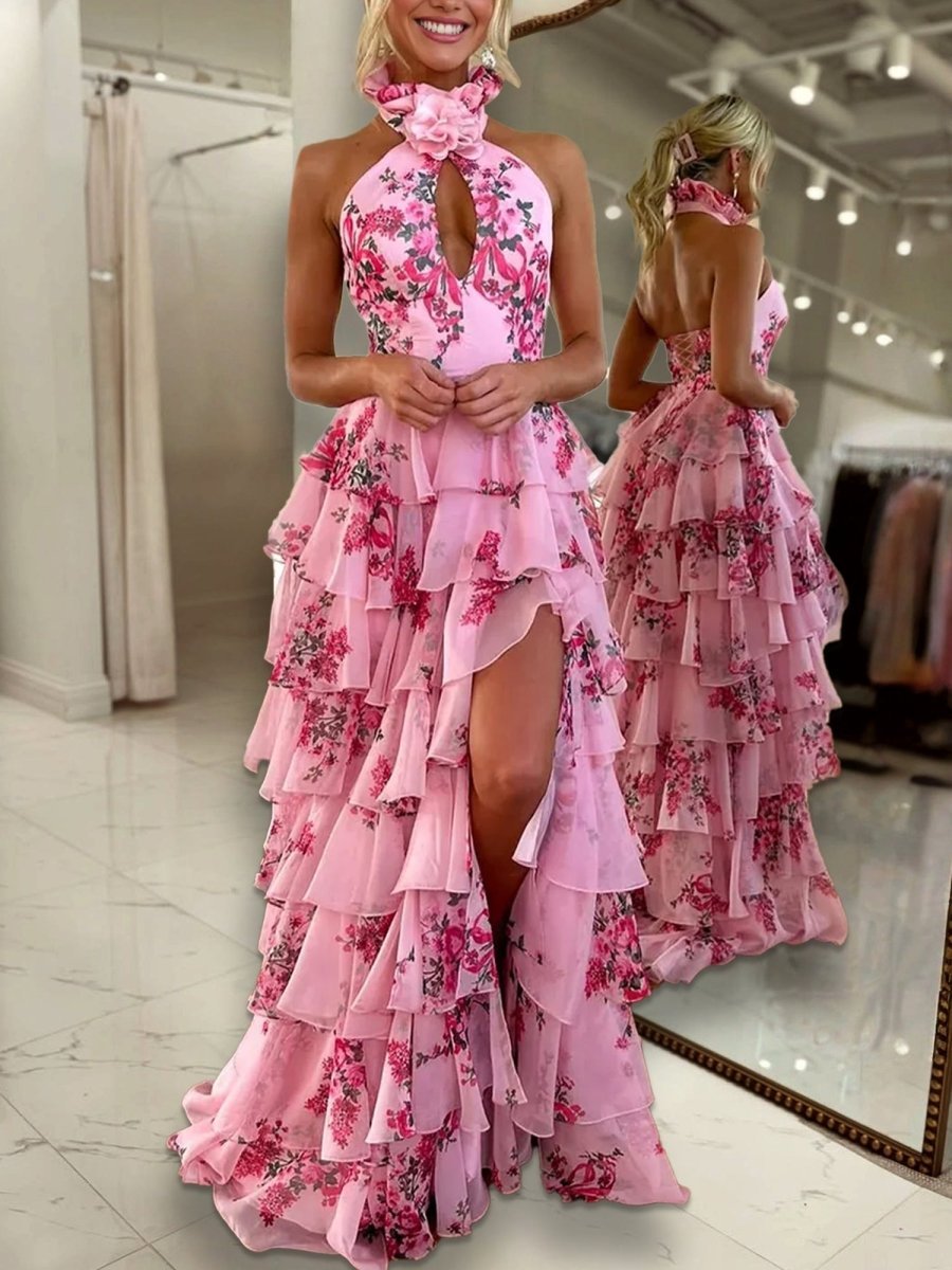 Pink A Line Hatler Floral Chiffon Tiered Long Mother of the Bride Dress - Curvevia