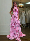 Pink A Line Hatler Floral Chiffon Tiered Long Mother of the Bride Dress - Curvevia