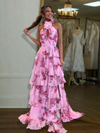 Pink A Line Hatler Floral Chiffon Tiered Long Mother of the Bride Dress - Curvevia