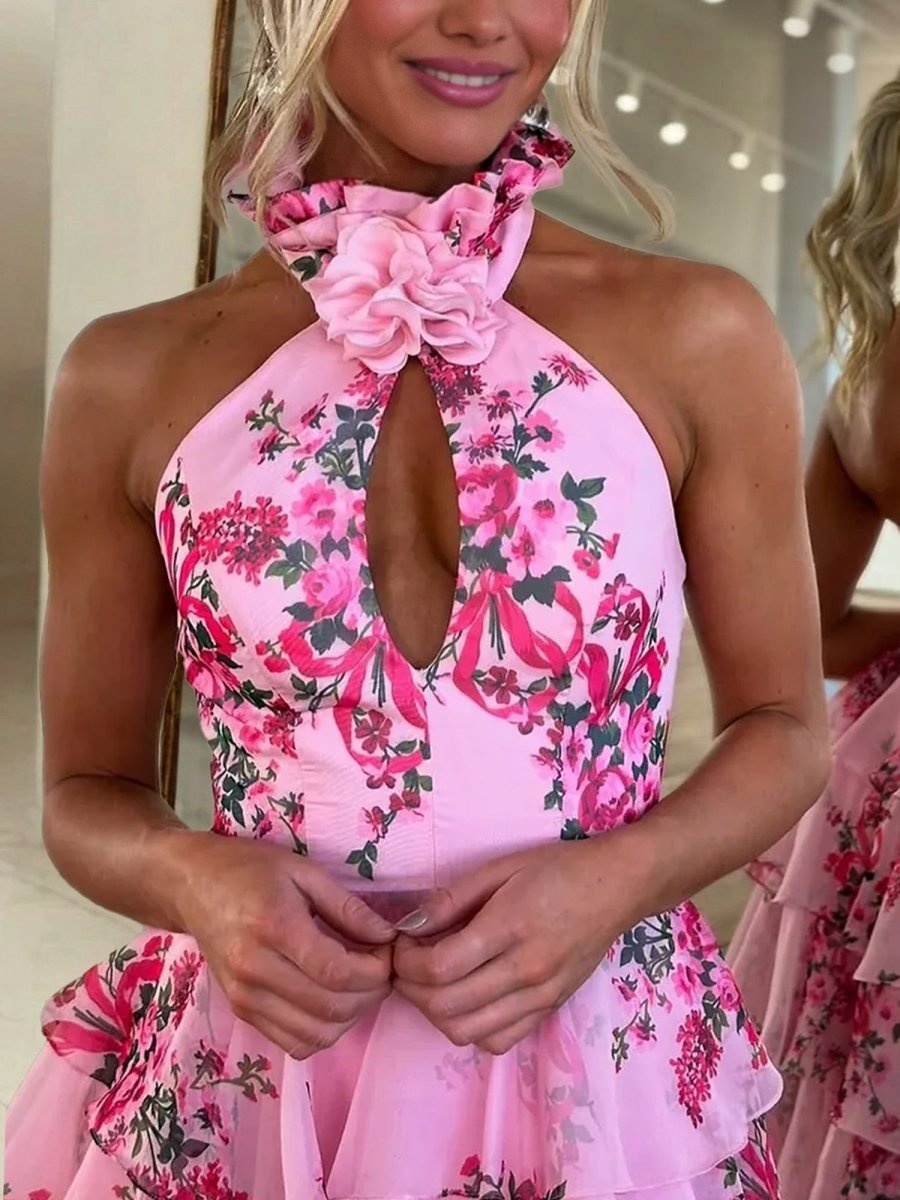 Pink A Line Hatler Floral Chiffon Tiered Long Mother of the Bride Dress - Curvevia
