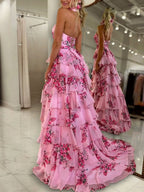 Pink A Line Hatler Floral Chiffon Tiered Long Mother of the Bride Dress - Curvevia