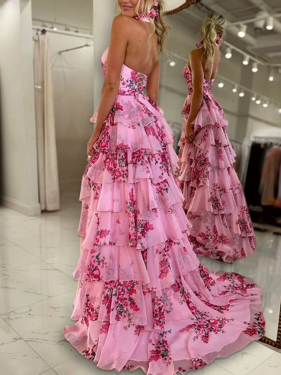 Pink A Line Hatler Floral Chiffon Tiered Long Mother of the Bride Dress - Curvevia