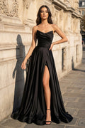 A Line Black Strapless Satin Evening Dress With Slit - Curvevia