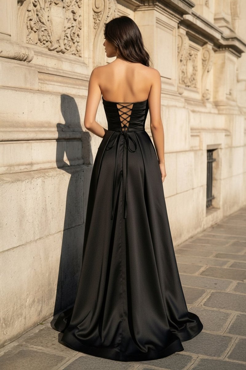 A Line Black Strapless Satin Evening Dress With Slit - Curvevia
