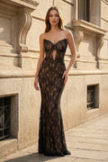 Black Sweetheart V-Neck Sleeveless Lace Mermaid Evening Dress - Curvevia