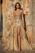Gold Sweetheart A-Line Lace Long Prom Dress With Split - Curvevia