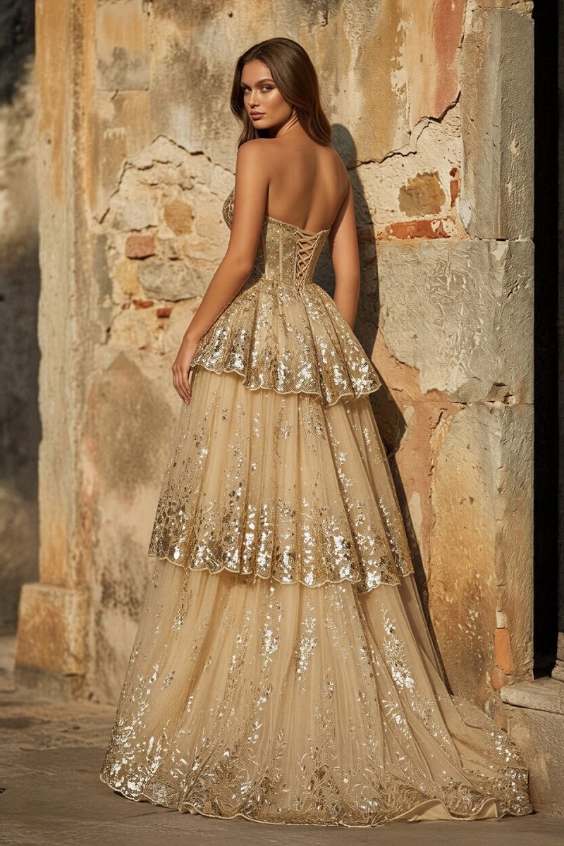 Gold Sweetheart A-Line Lace Long Prom Dress With Split - Curvevia