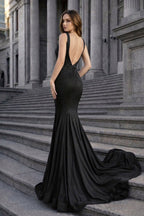 Mermaid Deep V-Neck Beaded Satin Long Evening Dress - Curvevia