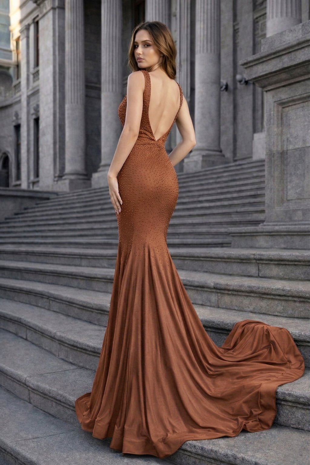Mermaid Deep V-Neck Beaded Satin Long Evening Dress - Curvevia