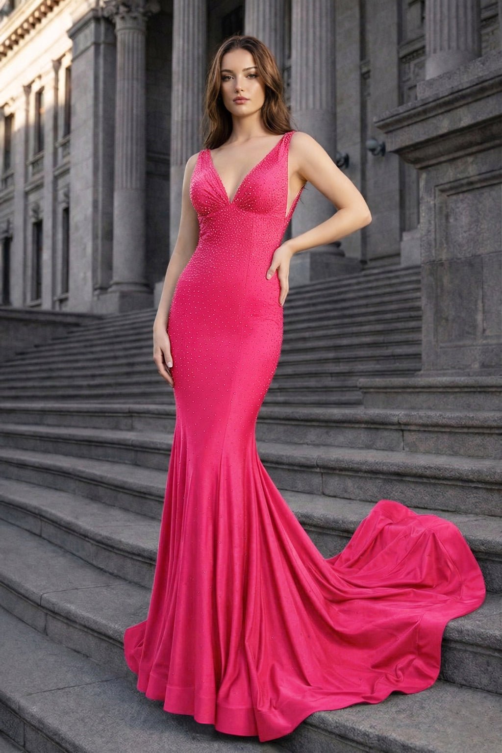 Mermaid Deep V-Neck Beaded Satin Long Evening Dress - Curvevia
