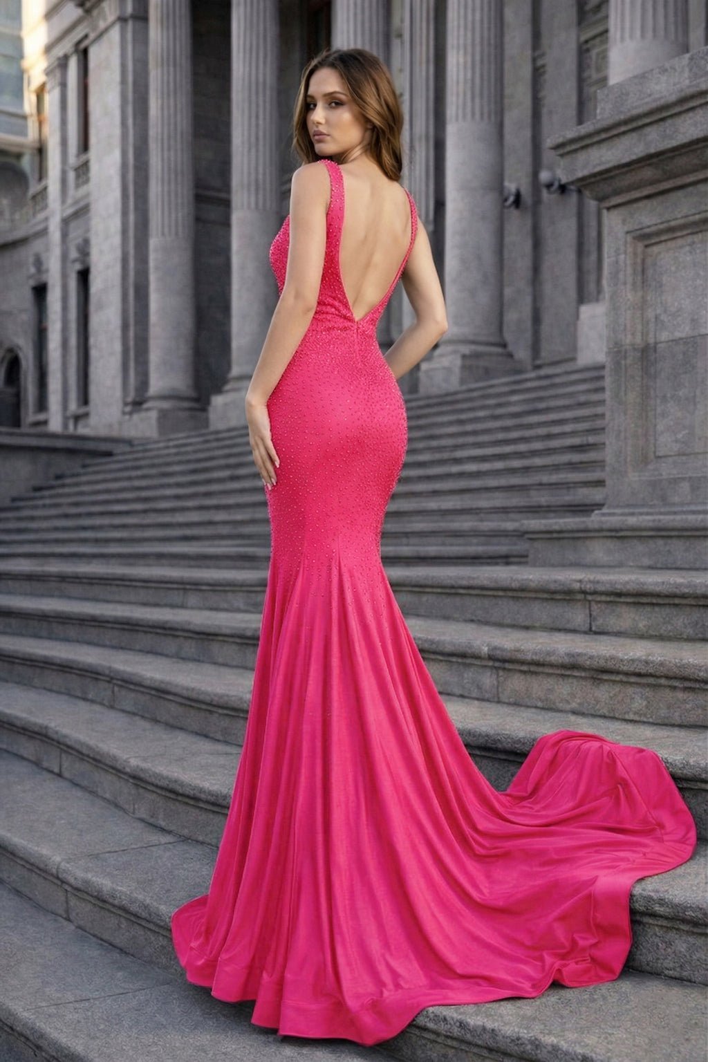 Mermaid Deep V-Neck Beaded Satin Long Evening Dress - Curvevia