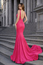 Mermaid Deep V-Neck Beaded Satin Long Evening Dress - Curvevia