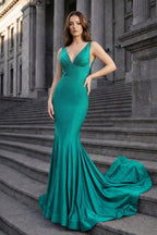 Mermaid Deep V-Neck Beaded Satin Long Evening Dress - Curvevia