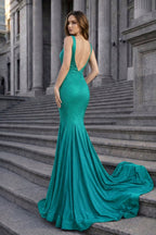 Mermaid Deep V-Neck Beaded Satin Long Evening Dress - Curvevia