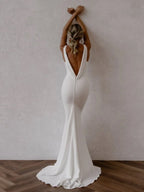 Mermaid Deep V-Neck Backless White Wedding Dress - Curvevia