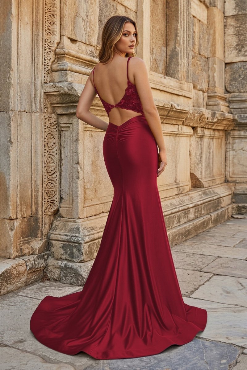 Mermaid Deep V Neck Satin Long Prom Dress with Appliques - Curvevia