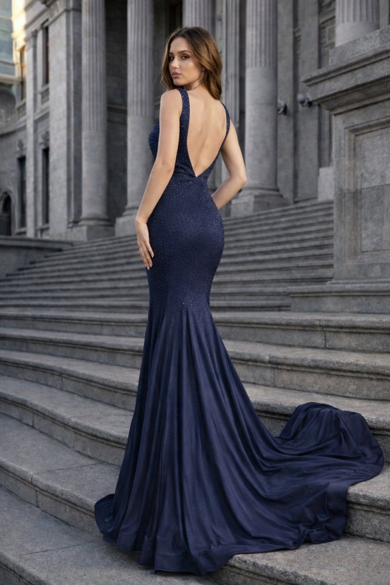 Mermaid Deep V-Neck Beaded Satin Long Evening Dress - Curvevia