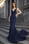 Mermaid Deep V-Neck Beaded Satin Long Evening Dress - Curvevia