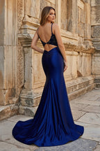 Mermaid Deep V Neck Satin Long Prom Dress with Appliques - Curvevia