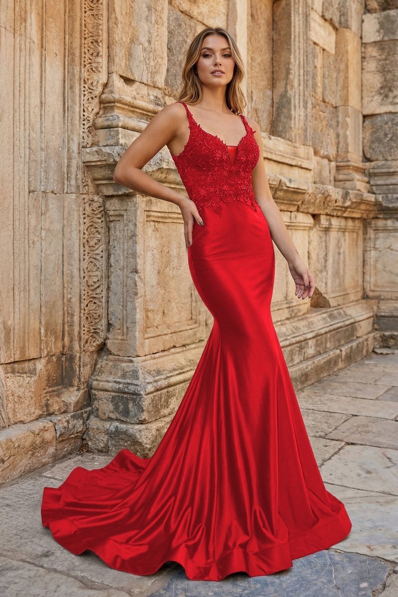 Mermaid Deep V Neck Satin Long Prom Dress with Appliques - Curvevia