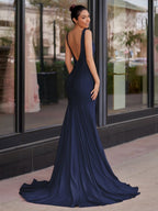 Mermaid Deep V-Neck Beaded Satin Long Evening Dress - Curvevia