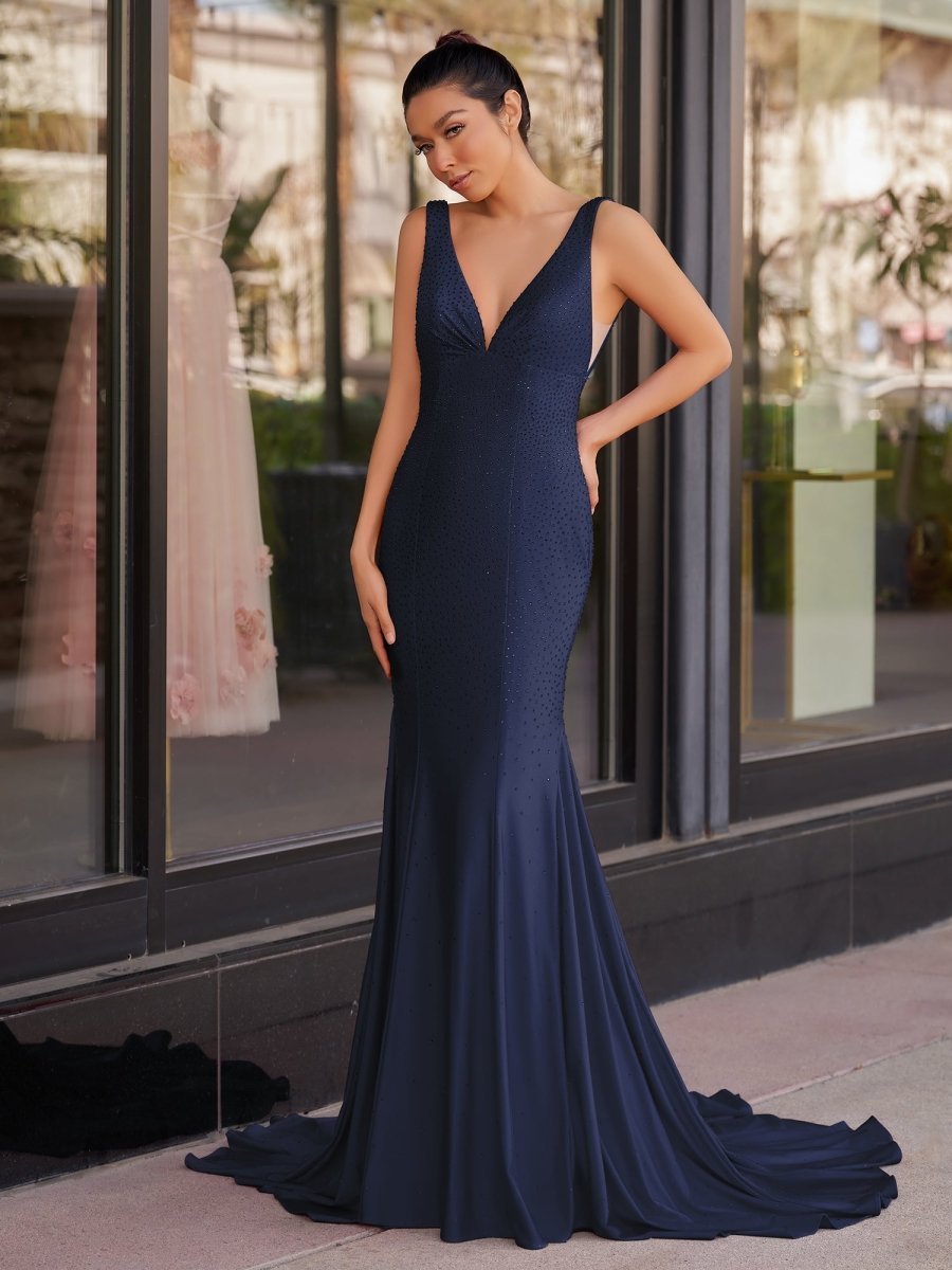 Mermaid Deep V-Neck Beaded Satin Long Evening Dress - Curvevia