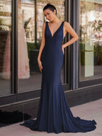 Mermaid Deep V-Neck Beaded Satin Long Evening Dress - Curvevia
