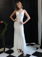 Mermaid Deep V-Neck Beaded Satin Long Evening Dress - Curvevia