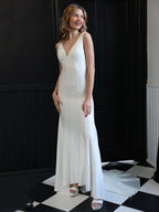 Mermaid Deep V-Neck Beaded Satin Long Evening Dress - Curvevia