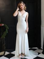 Mermaid Deep V-Neck Beaded Satin Long Evening Dress - Curvevia