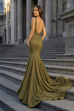 Mermaid Deep V-Neck Beaded Satin Long Evening Dress - Curvevia