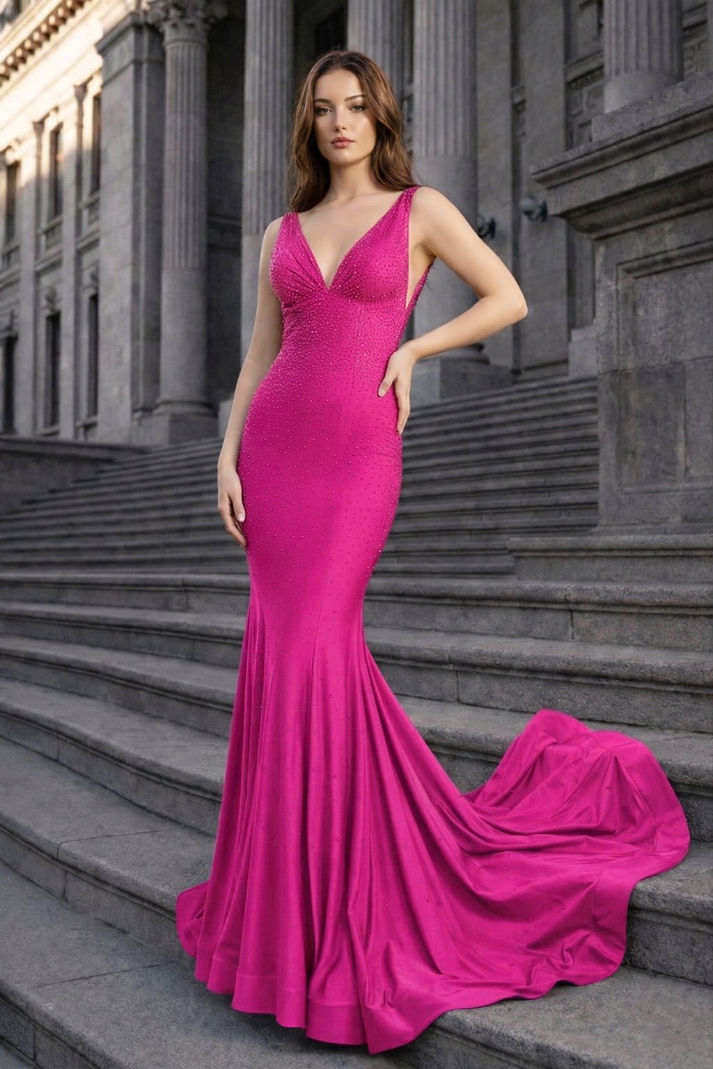Mermaid Deep V-Neck Beaded Satin Long Evening Dress - Curvevia