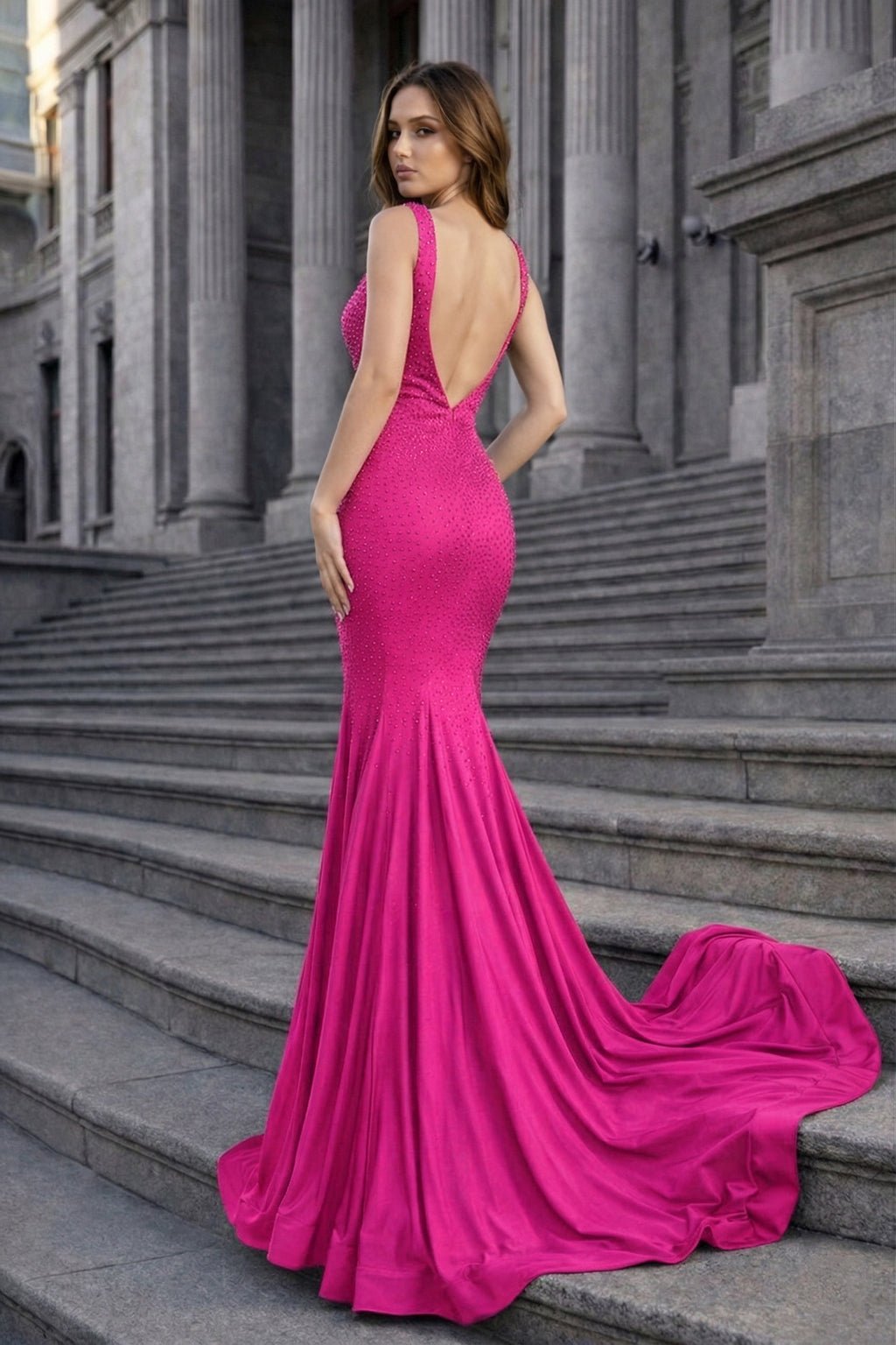 Mermaid Deep V-Neck Beaded Satin Long Evening Dress - Curvevia